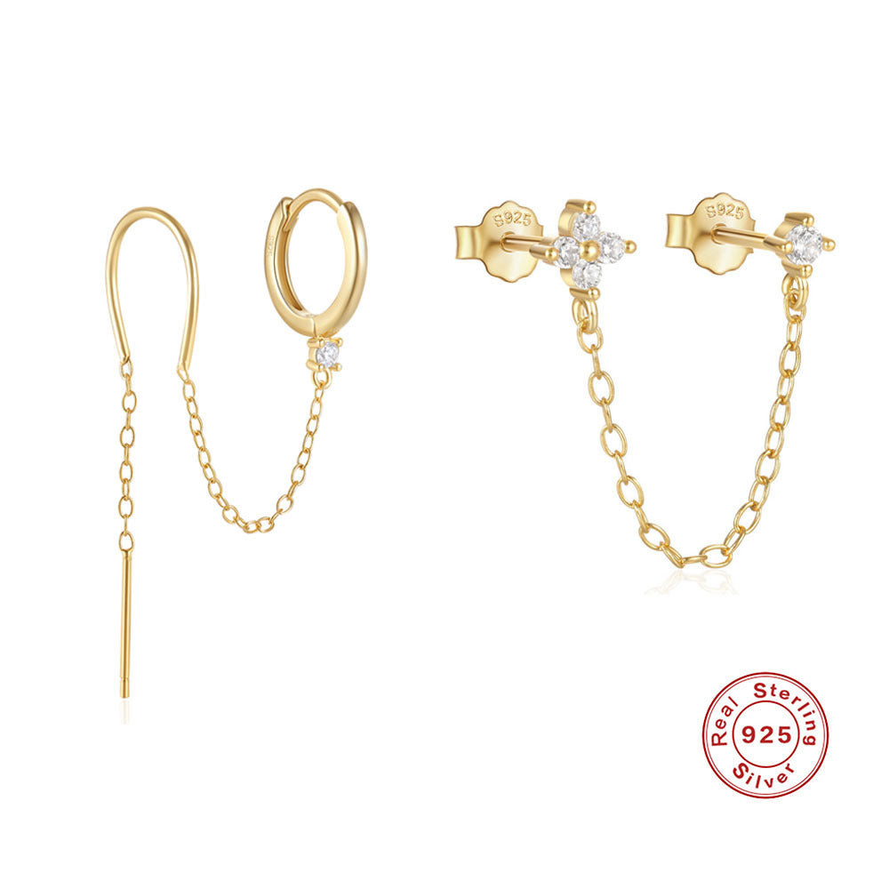 S925 Sterling Silver Diamond Flower Tassel Chain Earring Ear Clip Stud Earrings