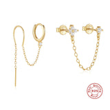 S925 Sterling Silver Diamond Flower Tassel Chain Earring Ear Clip Stud Earrings