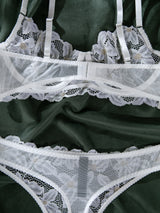 Women's White See-through Love Steel Ring Gathering Bra Panties Set