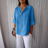 Loose-fit Women's V-neck Cotton-Linen Button T-shirt Top