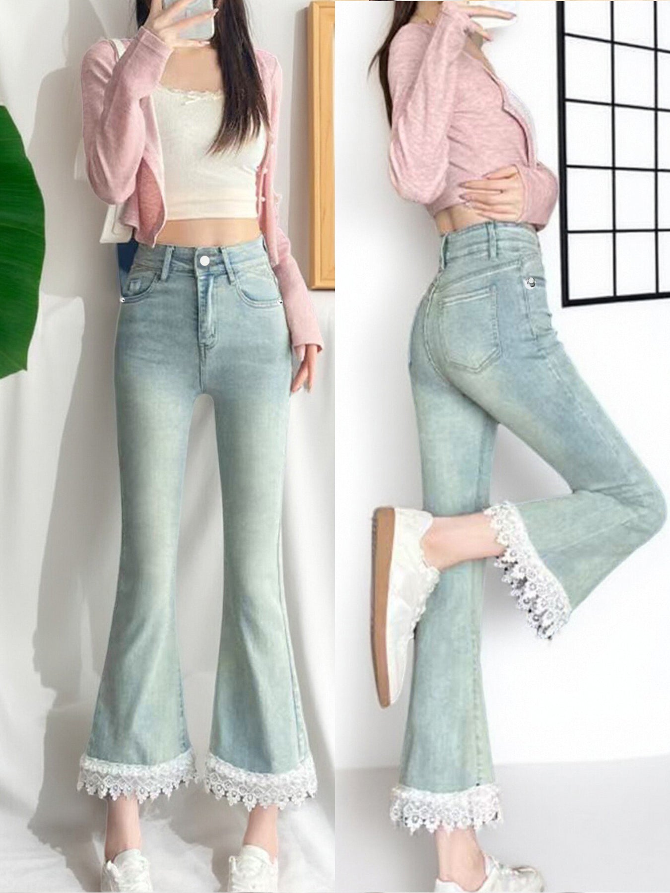 Jeans For Women, With Elastic Lace Lace And Lace Stitching, Micro Flared Jeans For Women In , Small And Stylish Design, Light Blue Jeans For Women, Cropped Jeans For Women, Casual Pants For Women,