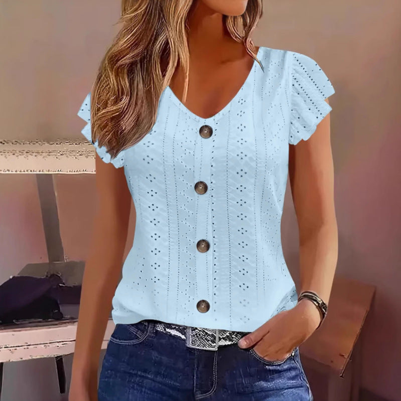Solid Color Jacquard V-neck Buttons Long Sleeve T-shirt