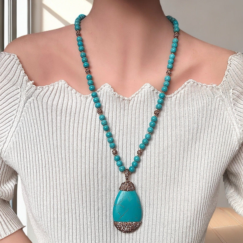 Drop-shaped Turquoise Pendant Necklace Fashionable Personalized All-match Design Sweater Chain