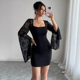 Bell Sleeve Split Solid Color Lace Stitching Square Collar Hip Dress