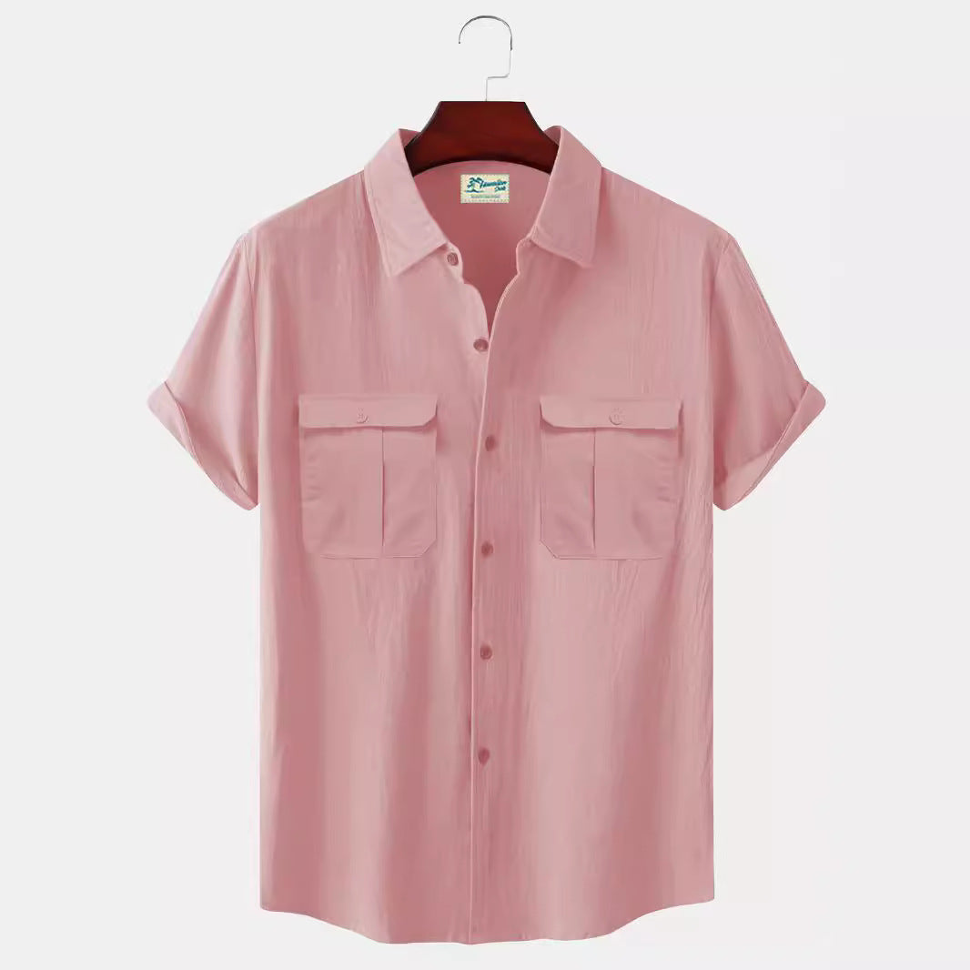 Solid Color Patchwork Linen Cardigan Short Sleeve Loose Lapels Men's Shirt