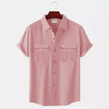 Solid Color Patchwork Linen Cardigan Short Sleeve Loose Lapels Men's Shirt