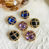 Diamond Plaid Silver Stud Earrings Mid-ancient Round New Chinese Alloy Simple Electroplated DIY Earrings