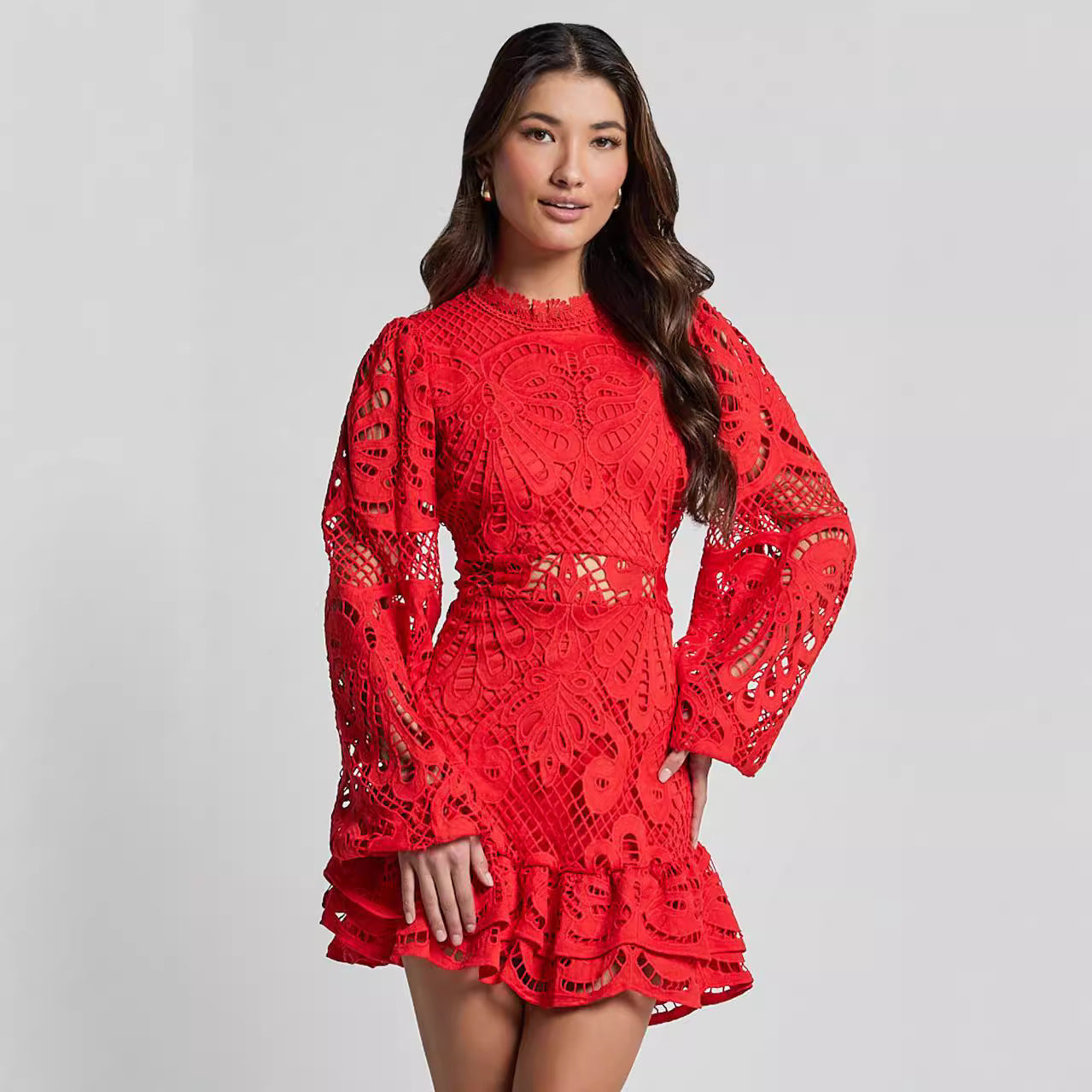 Stand Collar Lantern Long Sleeve Hollow Dress