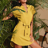V-neck Short Sleeve Dress With Belt Summer Fashion Bowknot Dresses For Women Clothing