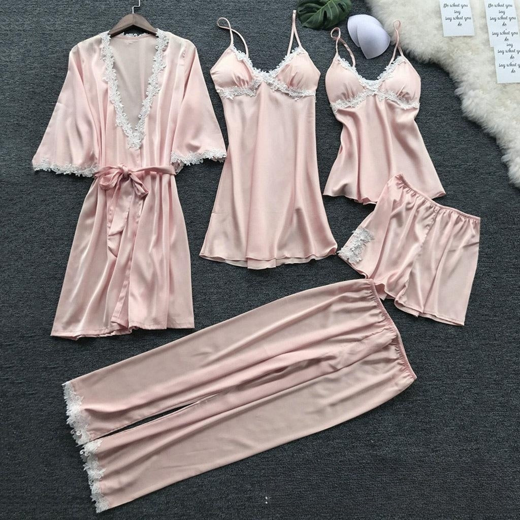 KF Wild Lady Sexy Lace Splicing Sling Pajamas Five-piece Set Multi-color Series Foreign Trade Sexy Sleepwear Suit