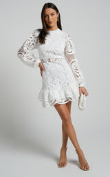 Stand Collar Lantern Long Sleeve Hollow Dress