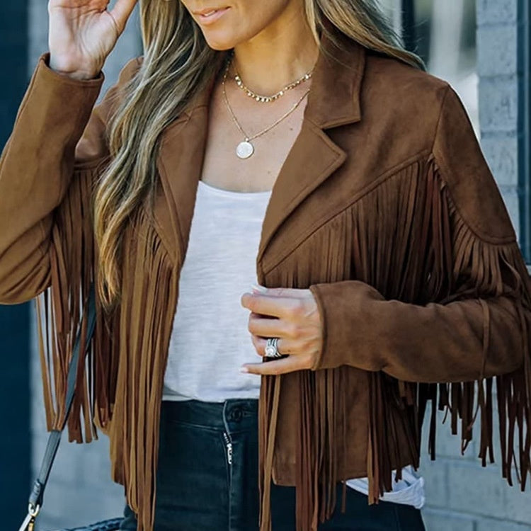 Women's Slim Top Long Sleeve Printed Tassel Jacket