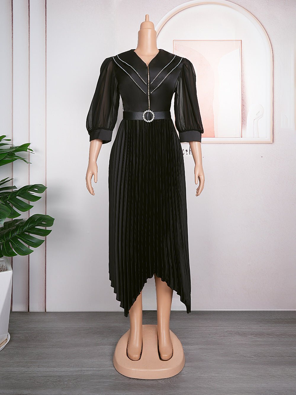 European And American Pleated Skirt Temperament Commute African Women's Wear Plus Size Fat Dress Belt