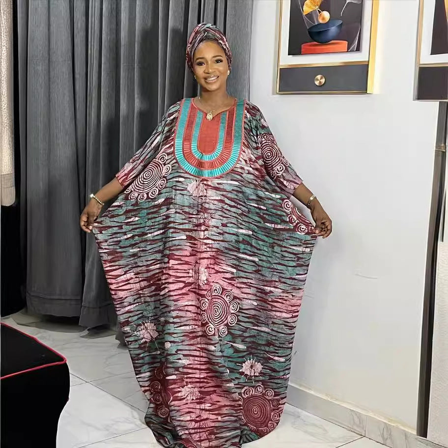 African Embroidered Printed Loose Robe With Headscarf