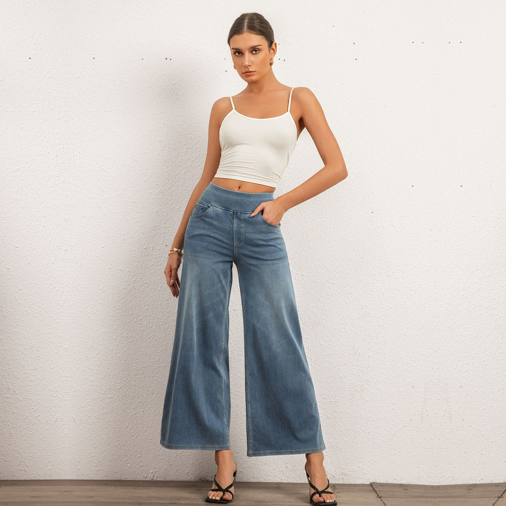 Shascullfites Women's Light Blue Wide Leg Stretch Jeans Flare Pants Denim Straight Trousers Sexy Fit Casual Jeans Women