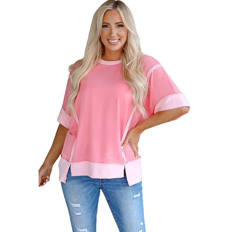 Women's Round Neck Short-sleeved Shirt Loose Casual Slit T-shirt