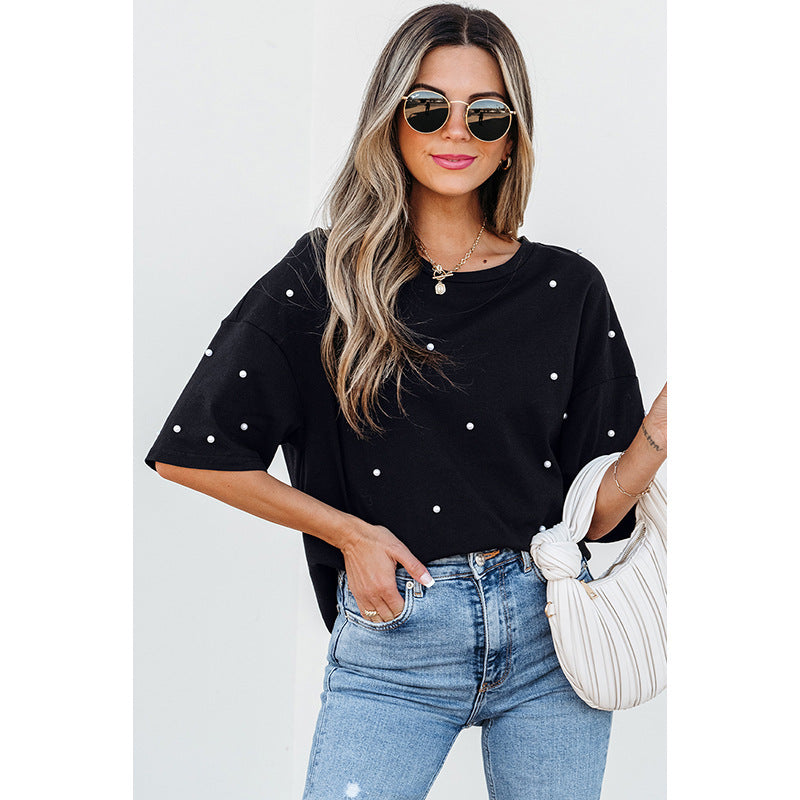 European And American Fashion & Trend Beaded Round Neck Short Sleeve