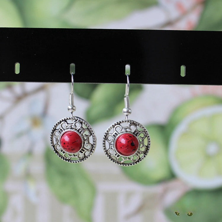 Ethnic Style Design Miao Silver Retro Turquoise Flower Disk Earrings