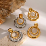 18K Gold Stainless Steel Golden, Round Double Layer Hollow Stud Earrings