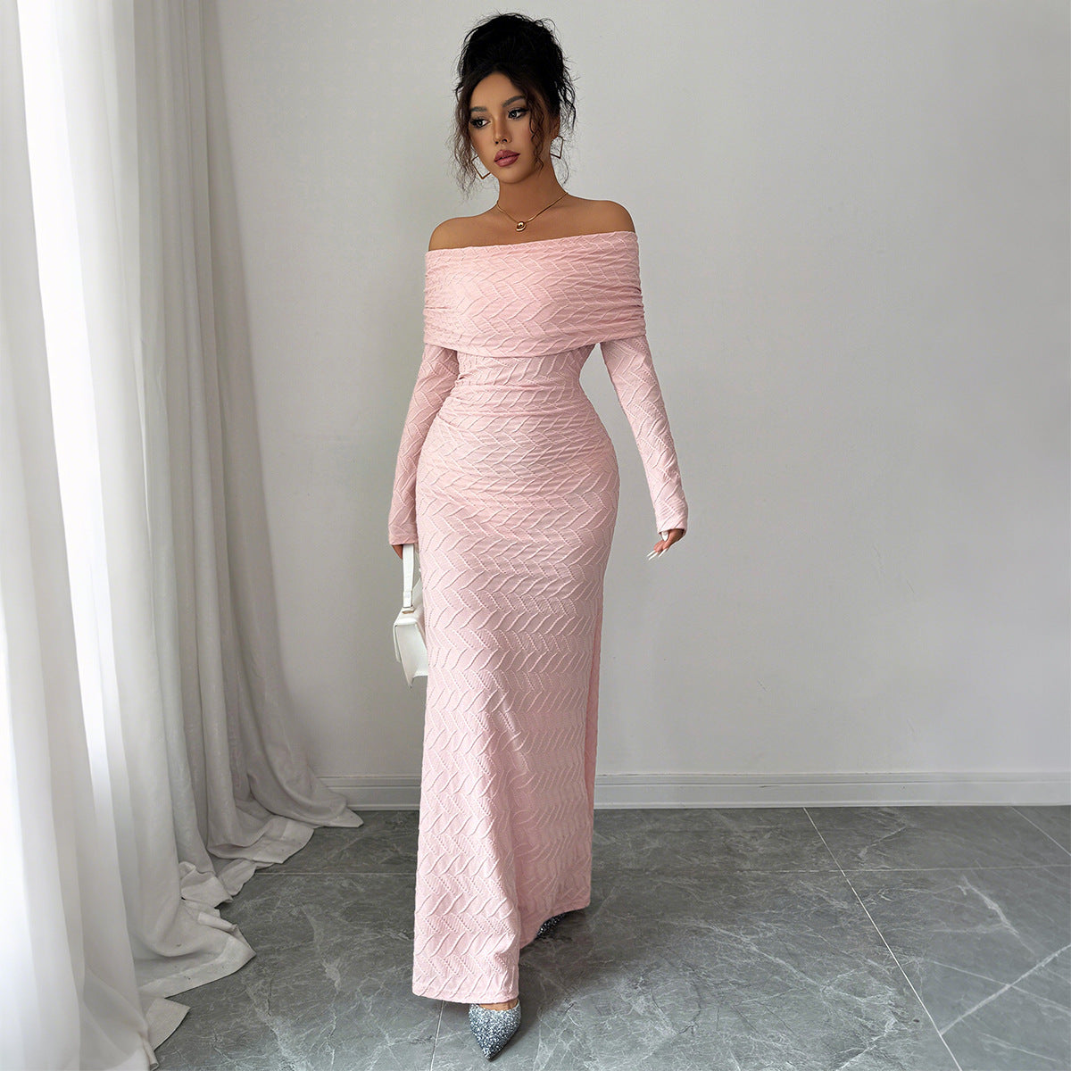 Elegant Simple Off-shoulder Long Sleeve Dress Women's Clothing