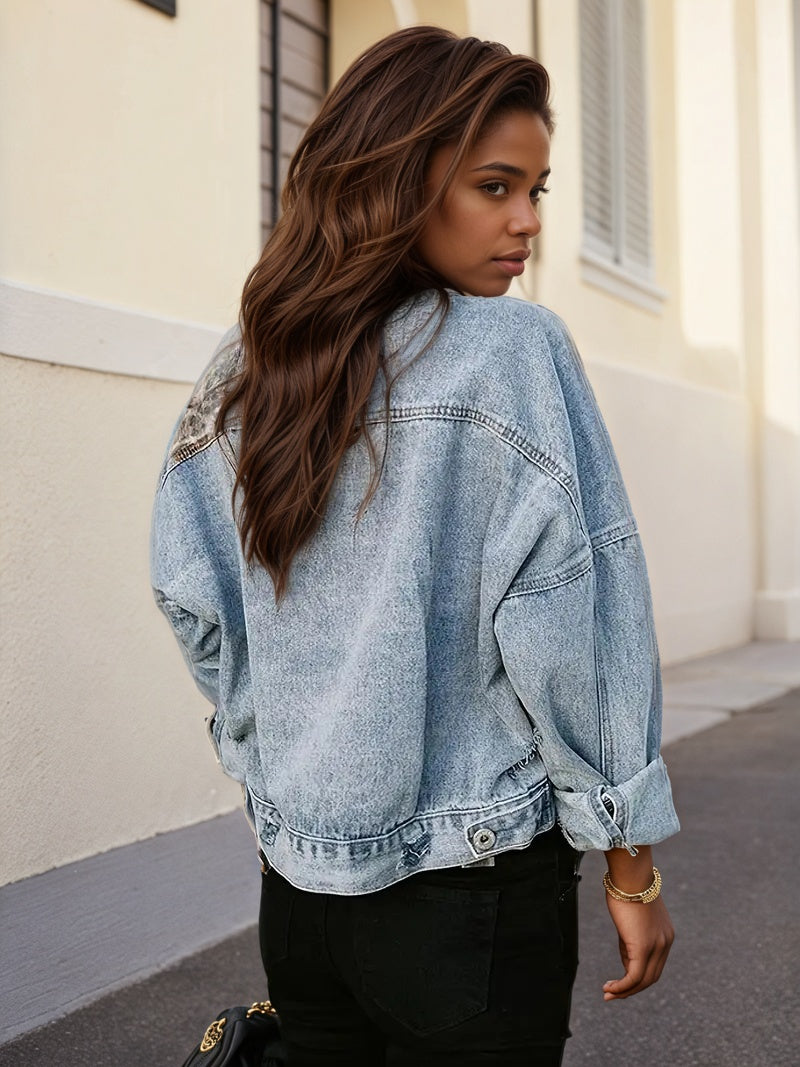 Wear And Tear Denim Jacket, Women’s Leopard Patch Short Jacket, Fashionable Street Outdoor Style, Women’s Leopard Print Denim Jacket, Cool And Casual