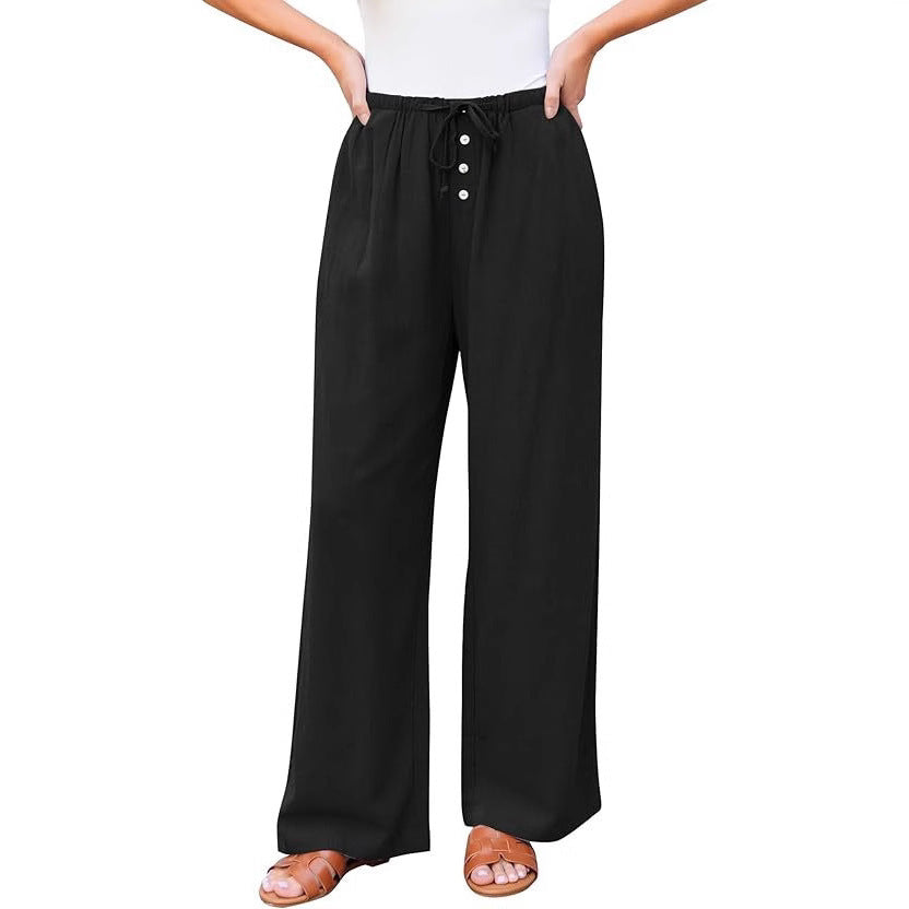 High Waist Button Drawstring Loose Casual Summer Wide-leg Pants With Pockets