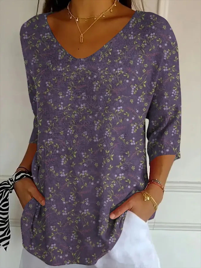 New 3D Printed Women's European And American Fashion Floral V-neck Shirt Top