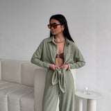 Women's Solid Color Cardigan Pocket Casual Wide-leg Trousers Suit