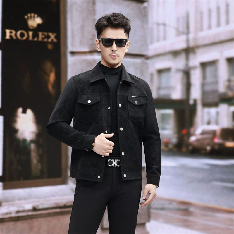 Suede Leather Jacket Men's Slim-fit High-grade Pu Handsome Retro Biker's