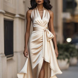 Elegant Deep V-neck Irregular Women's Ruffled Ruffled Evening Dress Gowns Solid Color Lace-up High Waist Satin Party Dresses Wedding Guests Dress