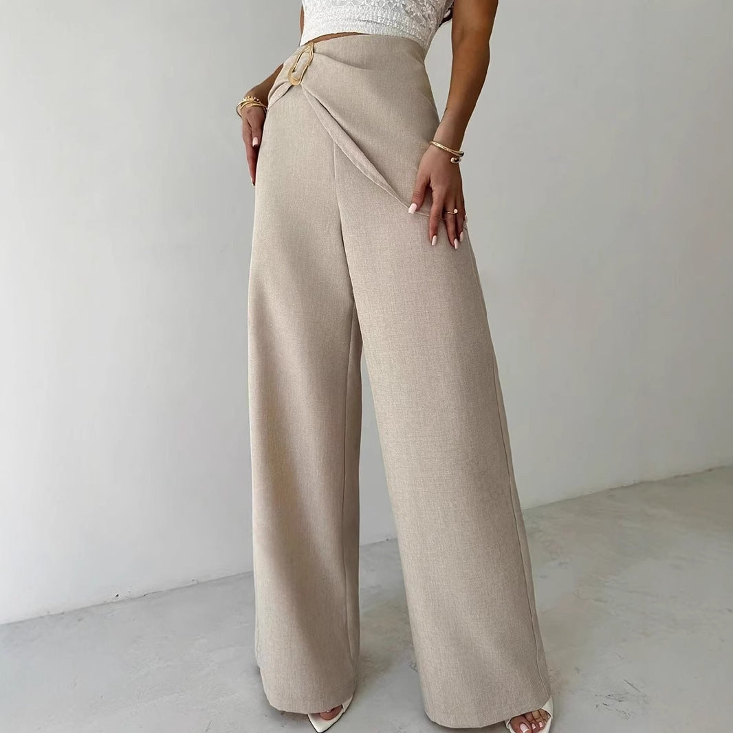 High Waist Beige Metal Buckle Wide Leg Pants