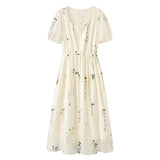 Plant Flower Embroidery Tencel Female French Square Collar Dress