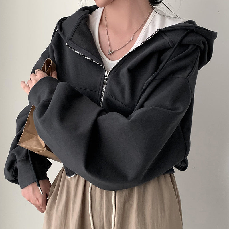 Hooded Double Open Loose Zip Long Sleeve Short Sweater Coat For Women