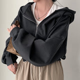 Hooded Double Open Loose Zip Long Sleeve Short Sweater Coat For Women