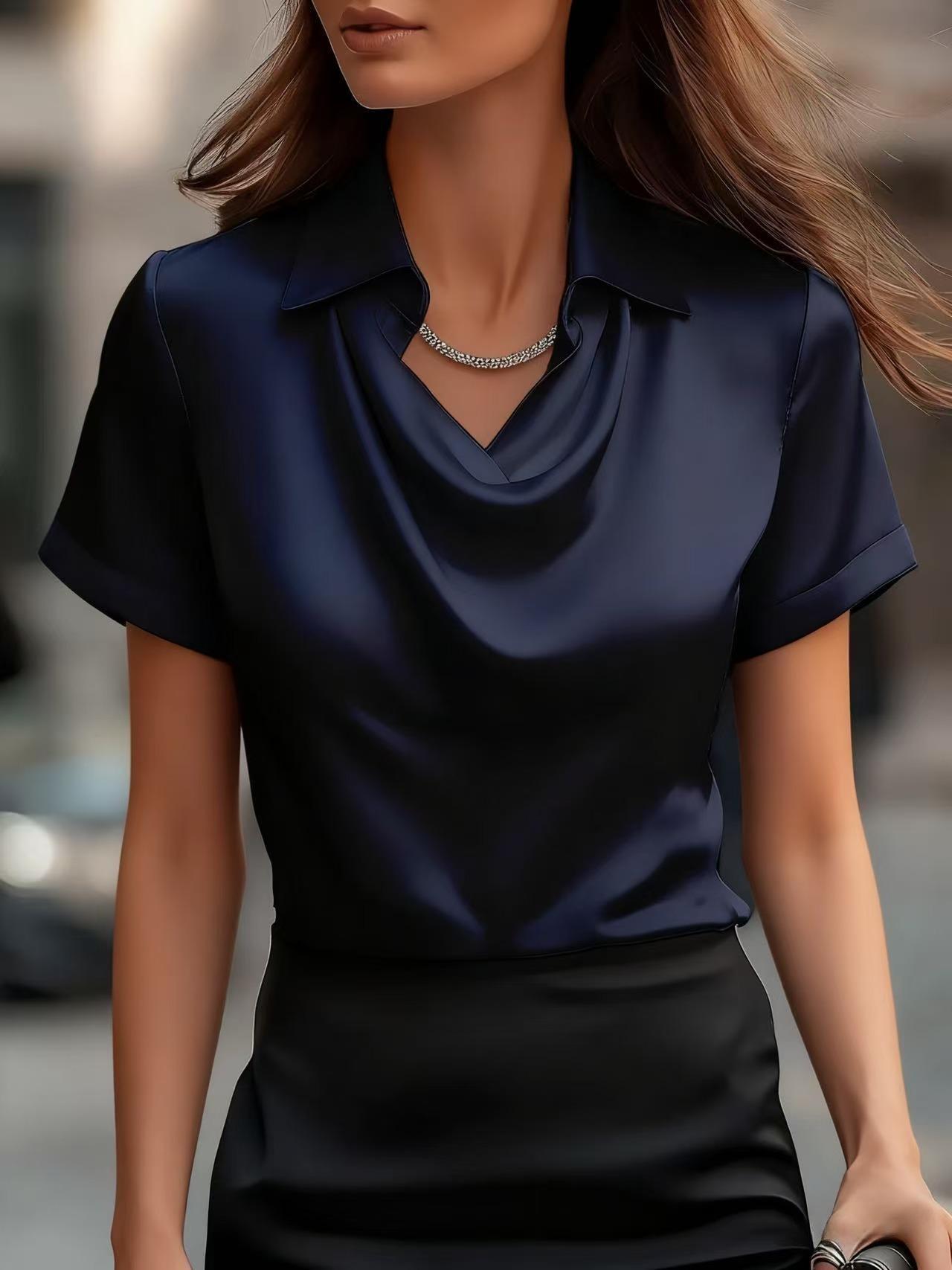 Fashionable Solid-Color Casual Lapel Collar Button-Down Short-Sleeve Shirt