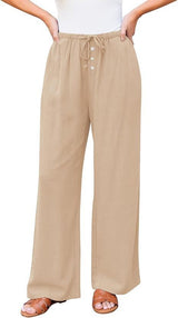 High Waist Button Drawstring Loose Casual Summer Wide-leg Pants With Pockets