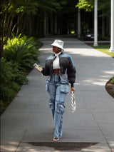 New Women's Casual And Versatile Multi-pocket Work Pants, Mid-waisted Washed Straight-cut Jeans