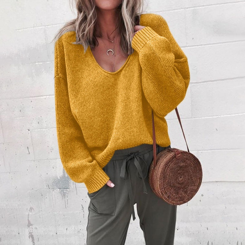 V-Neck Long Sleeve Sweater Casual Fashion Women's T-Shirt