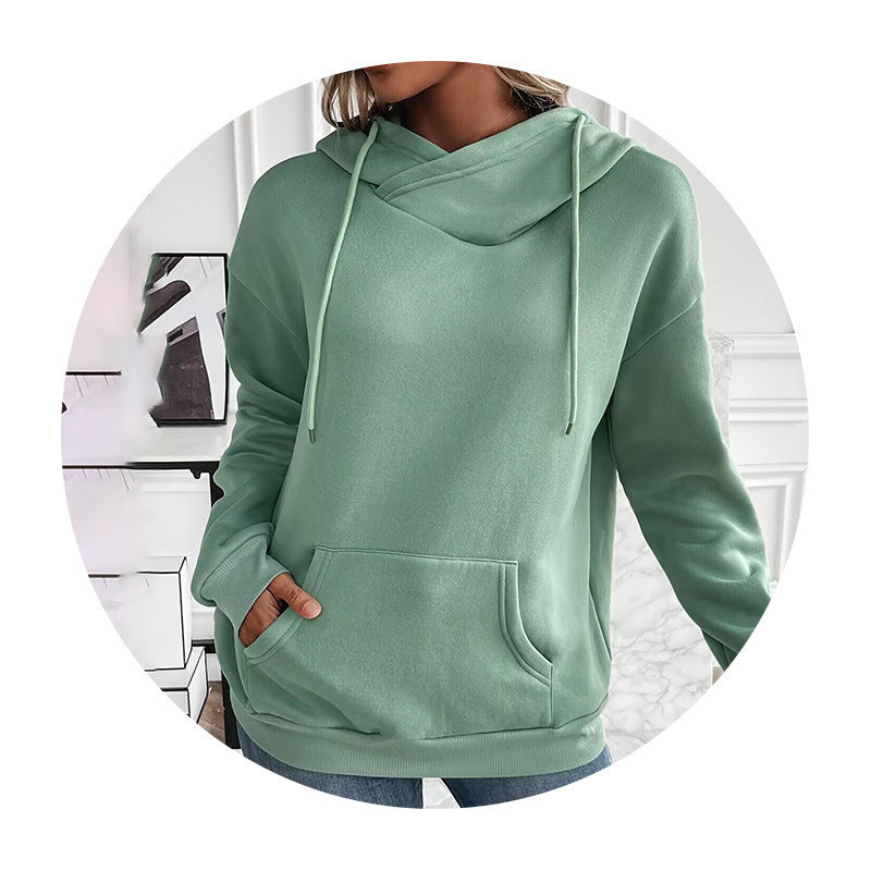 Solid Color Hooded Drawstring Front Pocket Long Sleeve Sweater