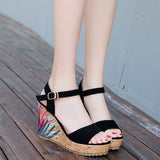 Cross Wedge Embroidered Sandals New Summer High Heels National Style Roman Women's Sandals Toe Women's Shoes