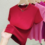 Summer New Short Sleeve Women's Round Neck Classic Pure Color All-matching Slim Fit