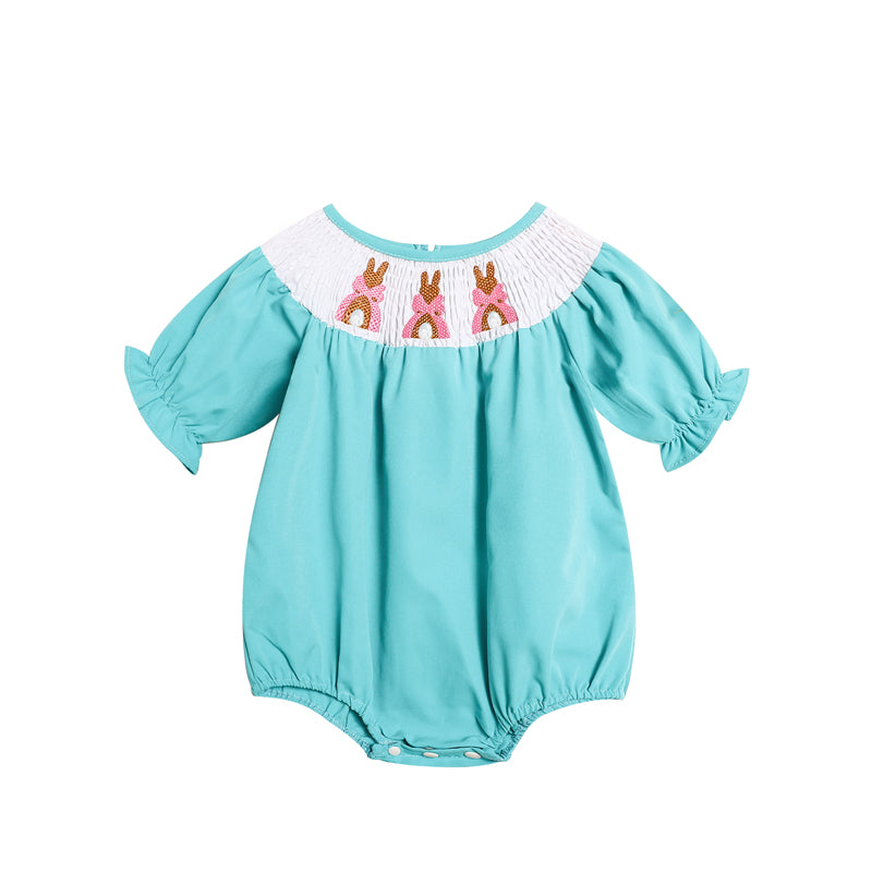 Baby Girl Comforable Bunny Romper Set, Bubble Sleeve Onesie With Bow Rabbit Embroidery