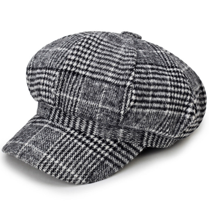 Ladies Casual Fashion Woolen Plaid Newsboy Hat