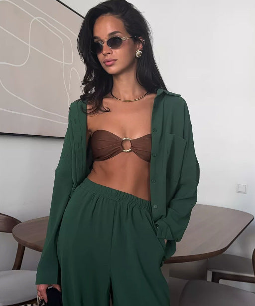 Women's Solid Color Cardigan Pocket Casual Wide-leg Trousers Suit