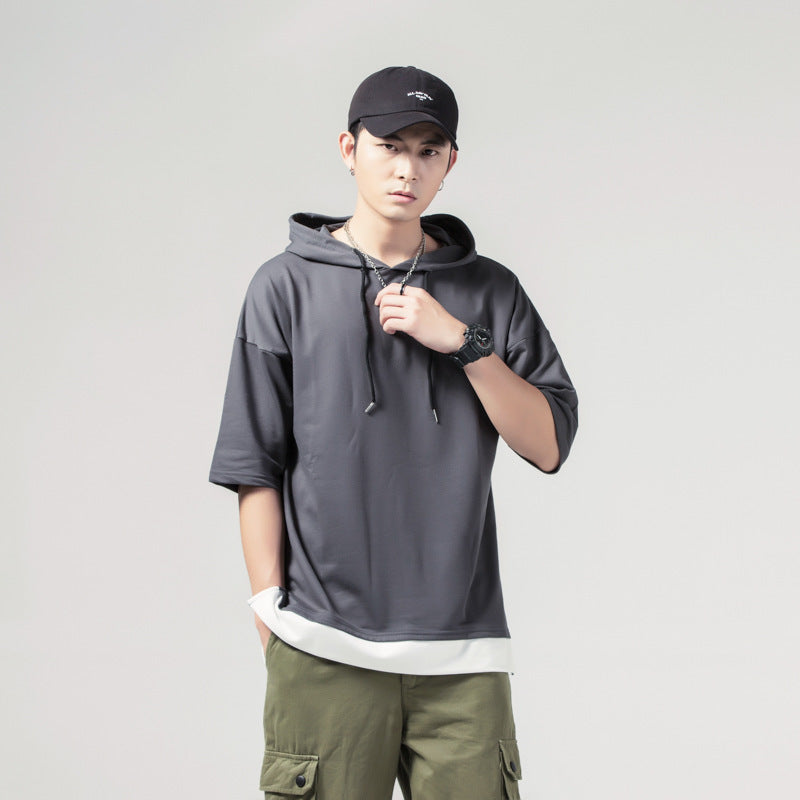 Solid Color Loose Fit Summer Hooded Men's Short-sleeved T-shirt