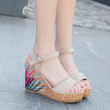 Cross Wedge Embroidered Sandals New Summer High Heels National Style Roman Women's Sandals Toe Women's Shoes