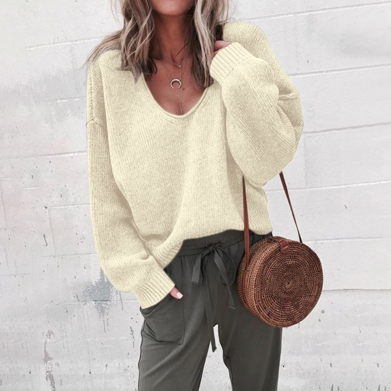 V-Neck Long Sleeve Sweater Casual Fashion Women's T-Shirt