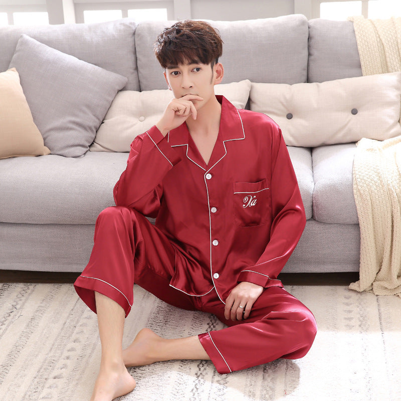 Couple pajamas women spring silk long-sleeved pajamas