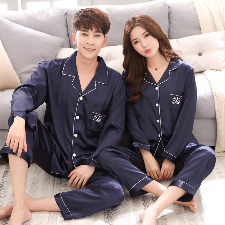 Couple pajamas women spring silk long-sleeved pajamas