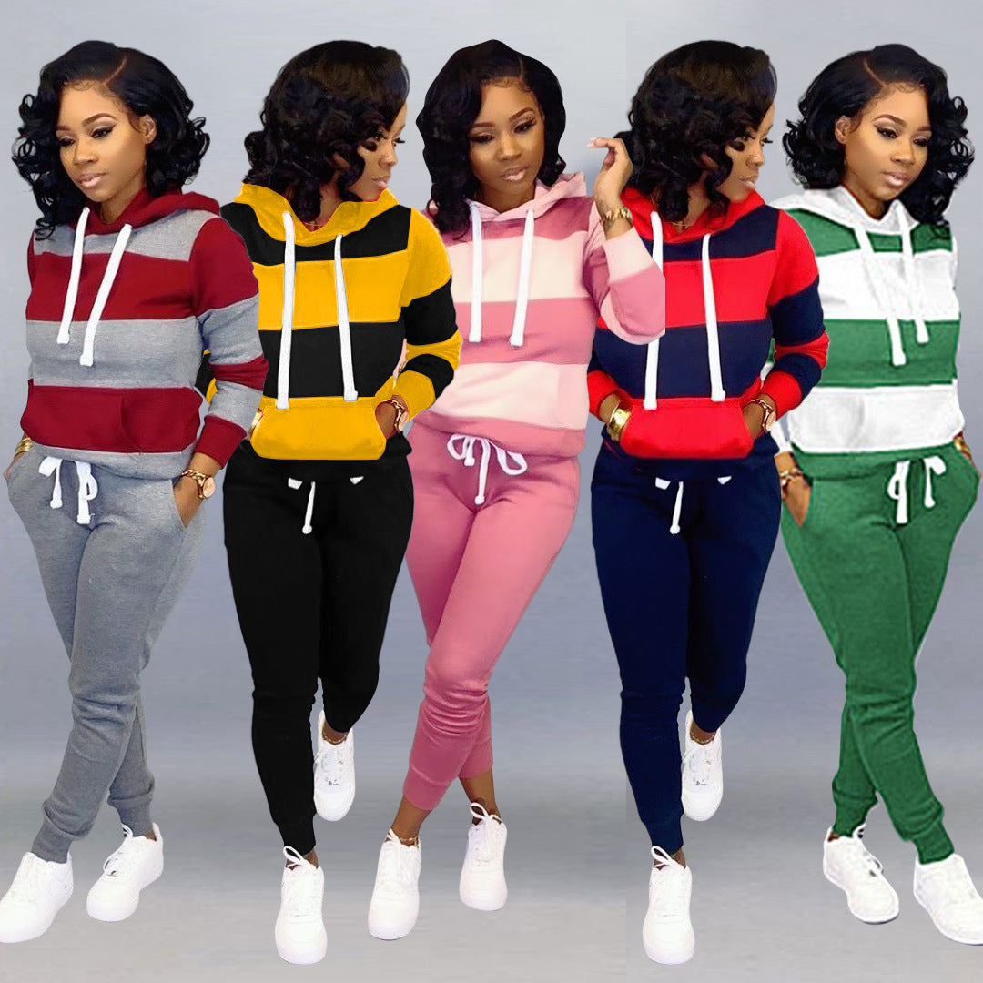Striped hooded sweater trousers set